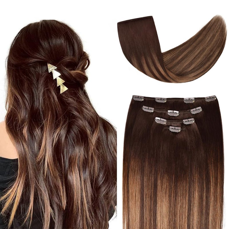 14 Clip in Hair Extensions Remy Human Hair Brown Balayage for Women  Silky Straight 100 Real Human Hair 50grams 4pieces 2T6P2 Color